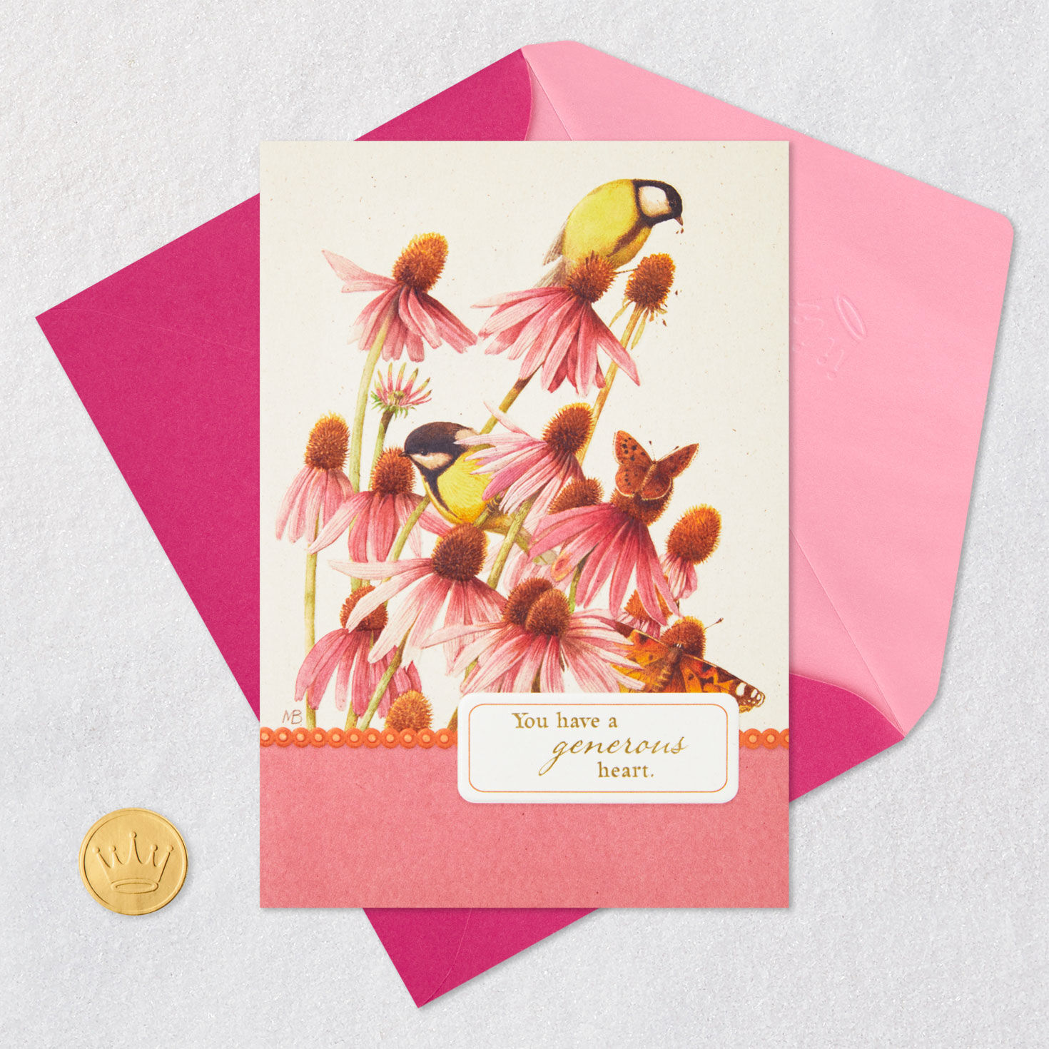 Marjolein Bastin Birds on Pink Flowers Mother's Day Card Card Front with Envelope and Gold Seal image number 5