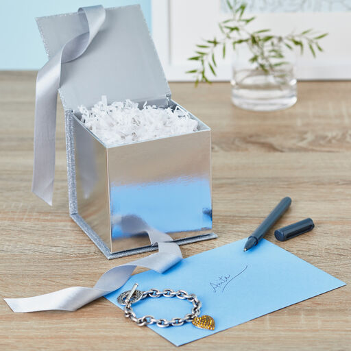 Silver Glitter 4x4 Small Gift Box With Shredded Paper Filler, 