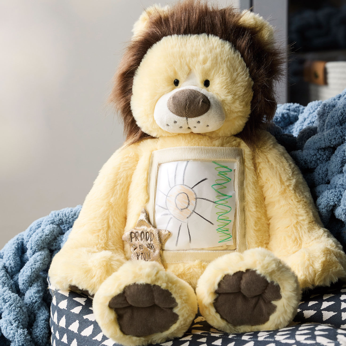 Yellow Lion Stuffed Animal With Clear Tummy Pocket in use image number 5