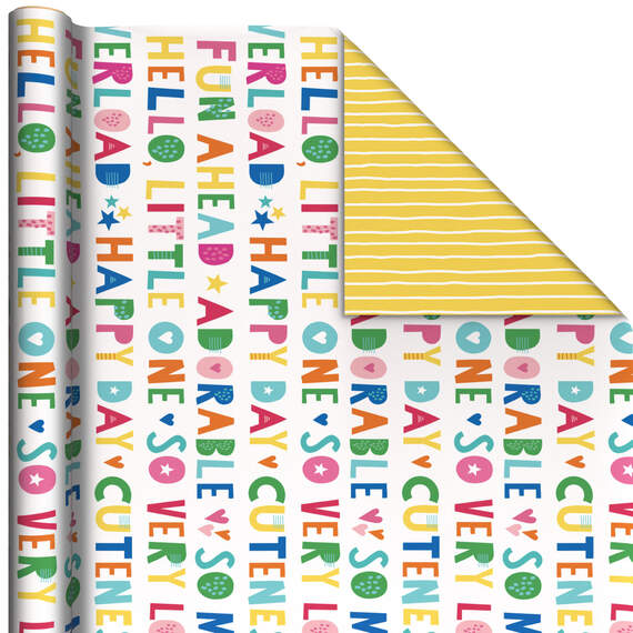 Cuteness Overload/Yellow Stripes Reversible Wrapping Paper, 20 sq. ft.