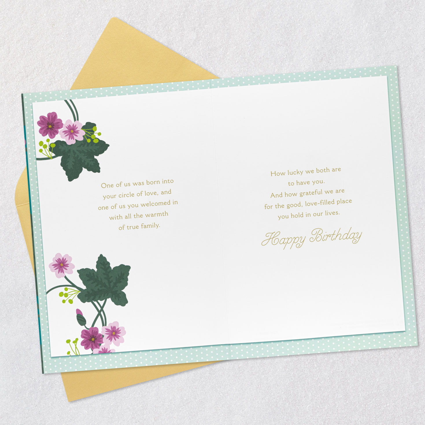 Pink Flowers on Teal Birthday Card for Mother-In-Law Open card with envelope image number 4
