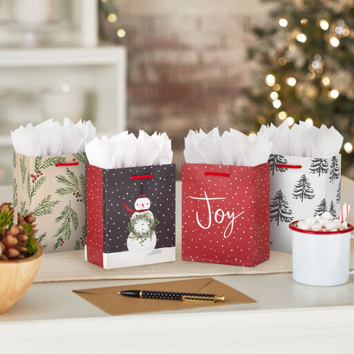 5.7" Rustic Winter 4-Pack Assortment Small Christmas Gift Bags, 