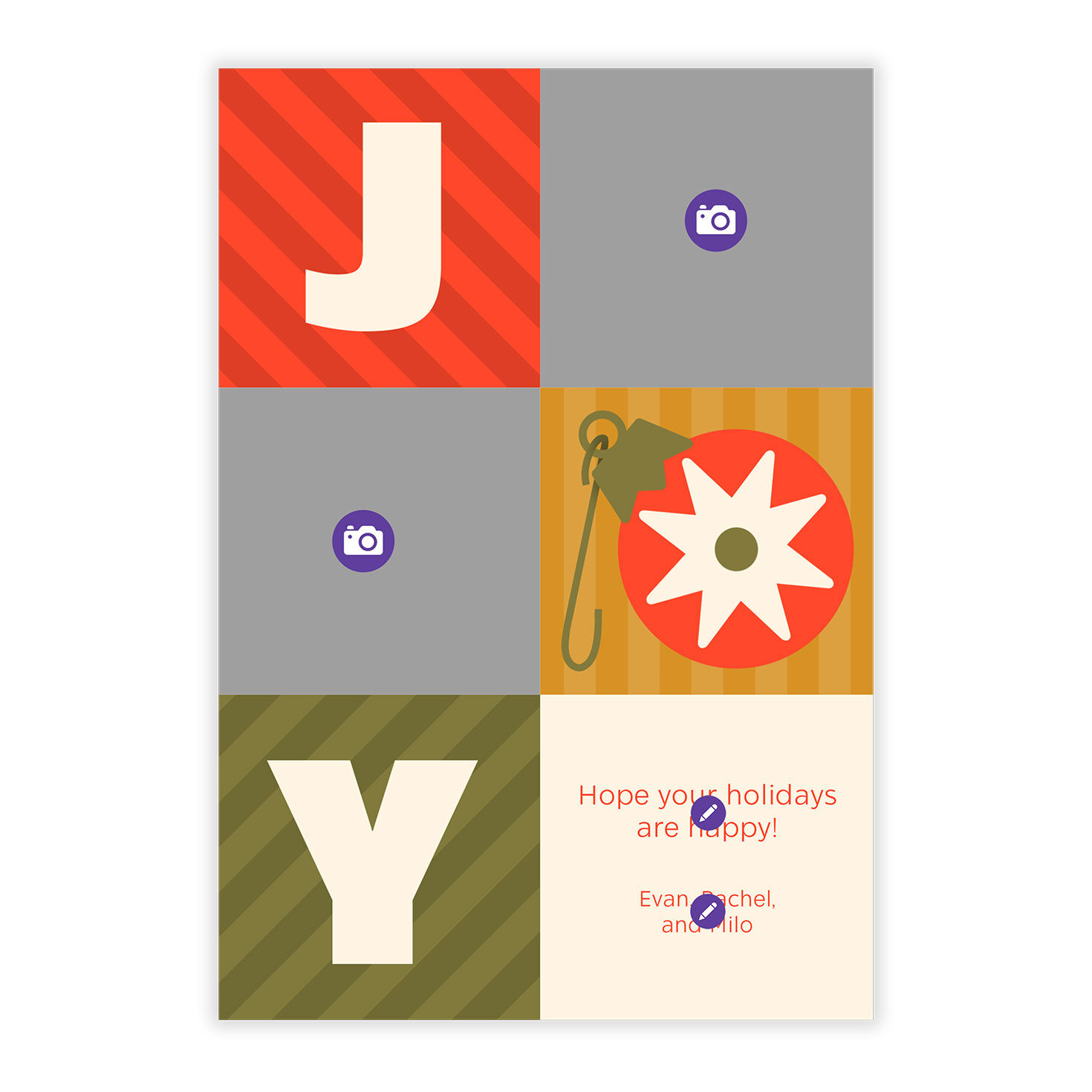 JOY Striped Blocks Personalized Holiday Photo Card Card Front indicating personalization image number 5