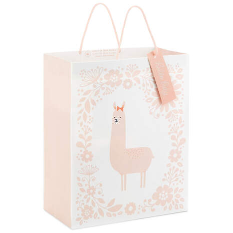 13" Pink Llama on White New Baby Large Gift Bag, , large
