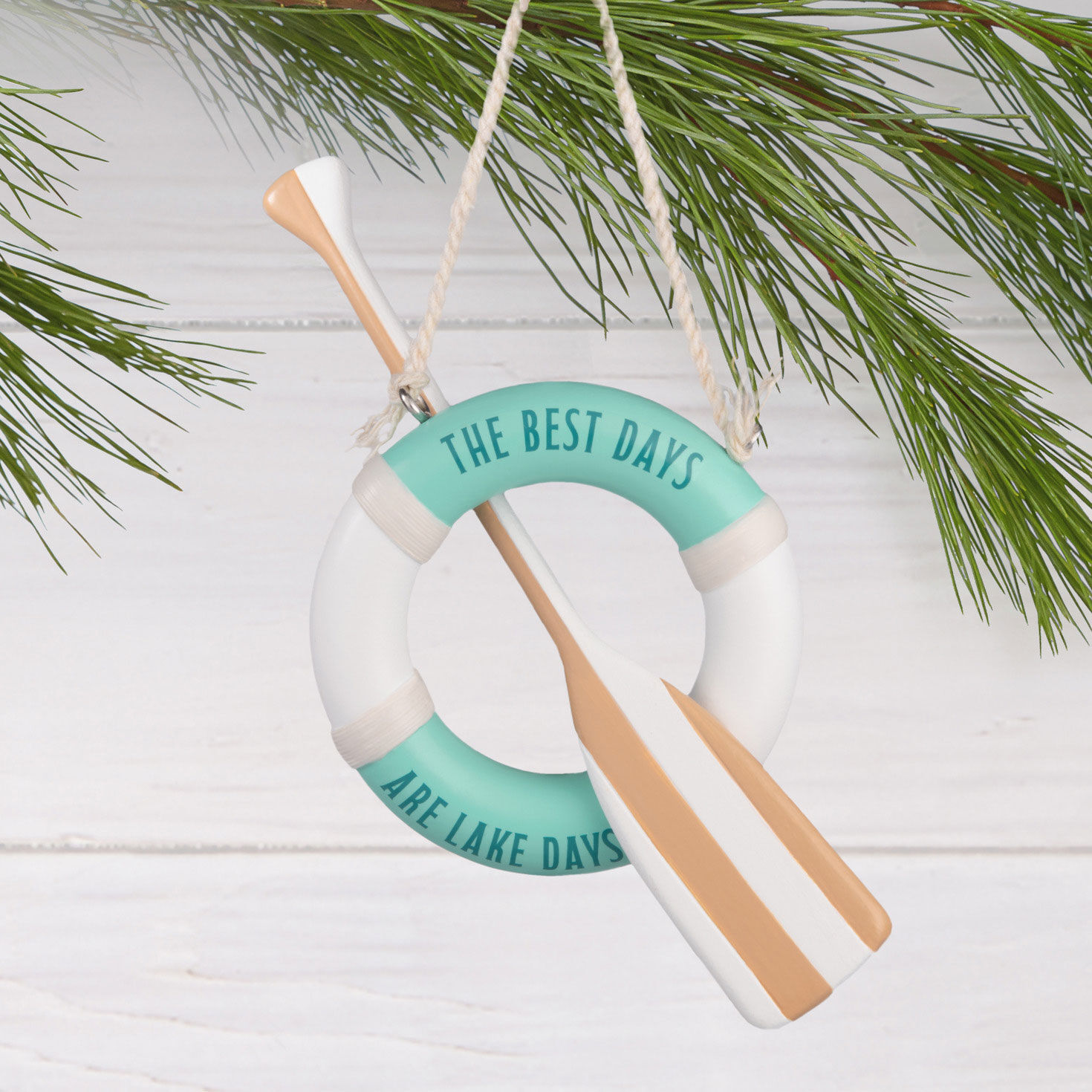 Lake Days Life Preserver and Oar Christmas Ornament hanging on tree image number 2