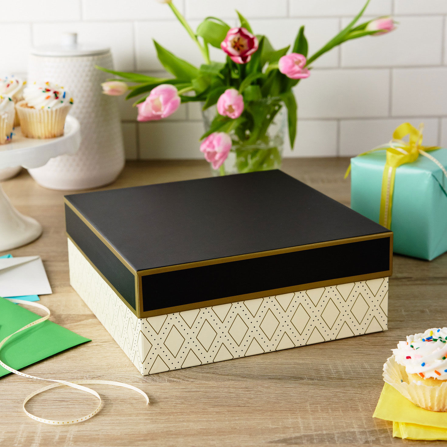 Large Square Gold and White Gift Box With Black Lid in use image number 2