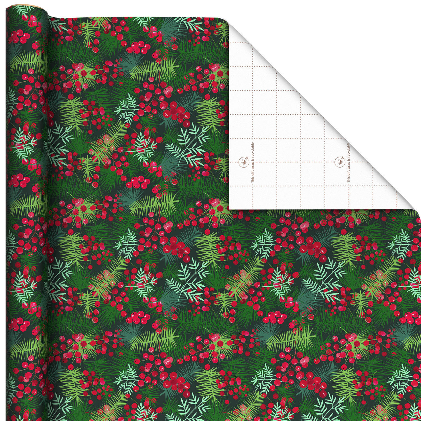 Pine Branches and Red Berries Jumbo Christmas Wrapping Paper Roll, 90 sq. ft.