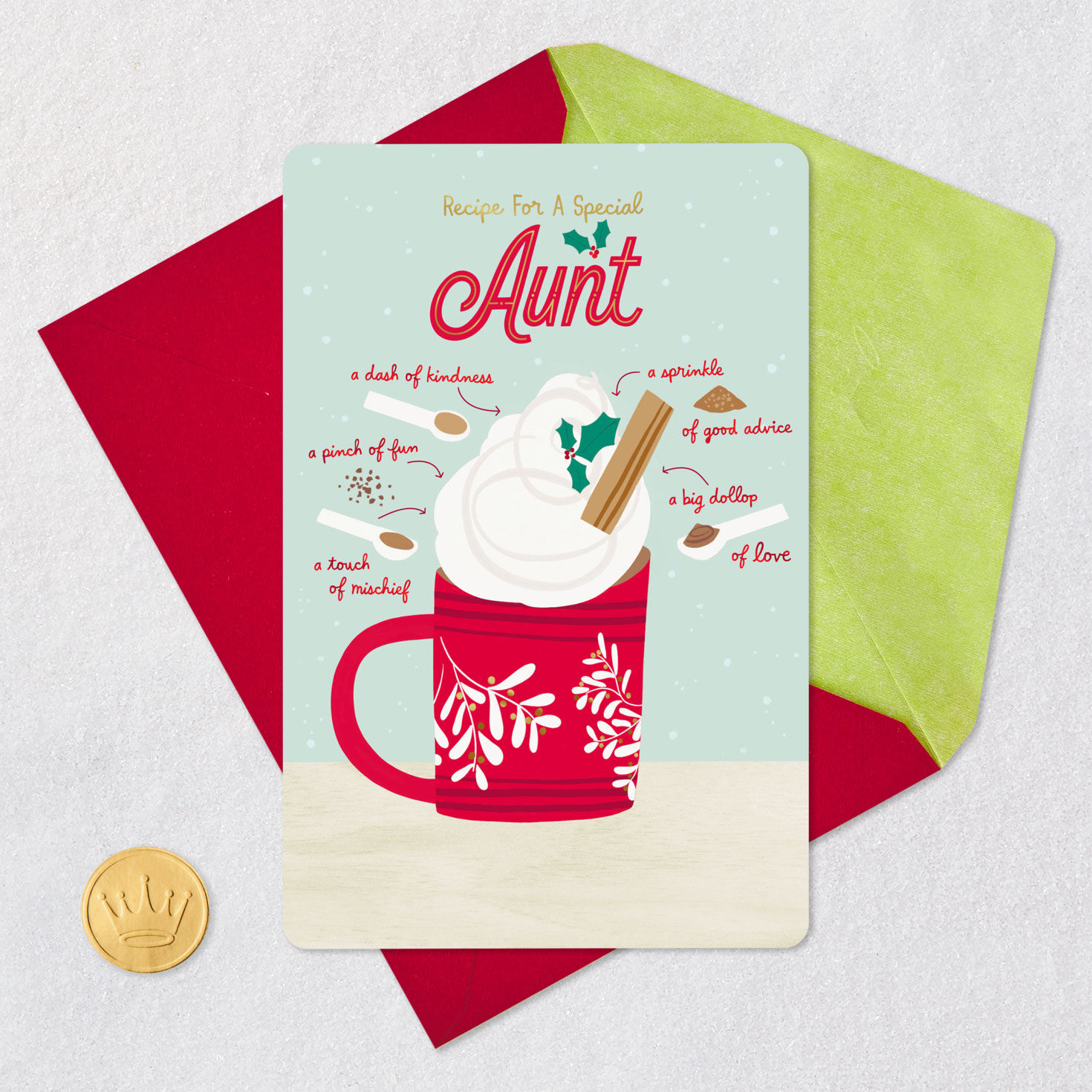 Hot Cocoa Christmas Card for Aunt Card Front with Envelope and Gold Seal image number 5