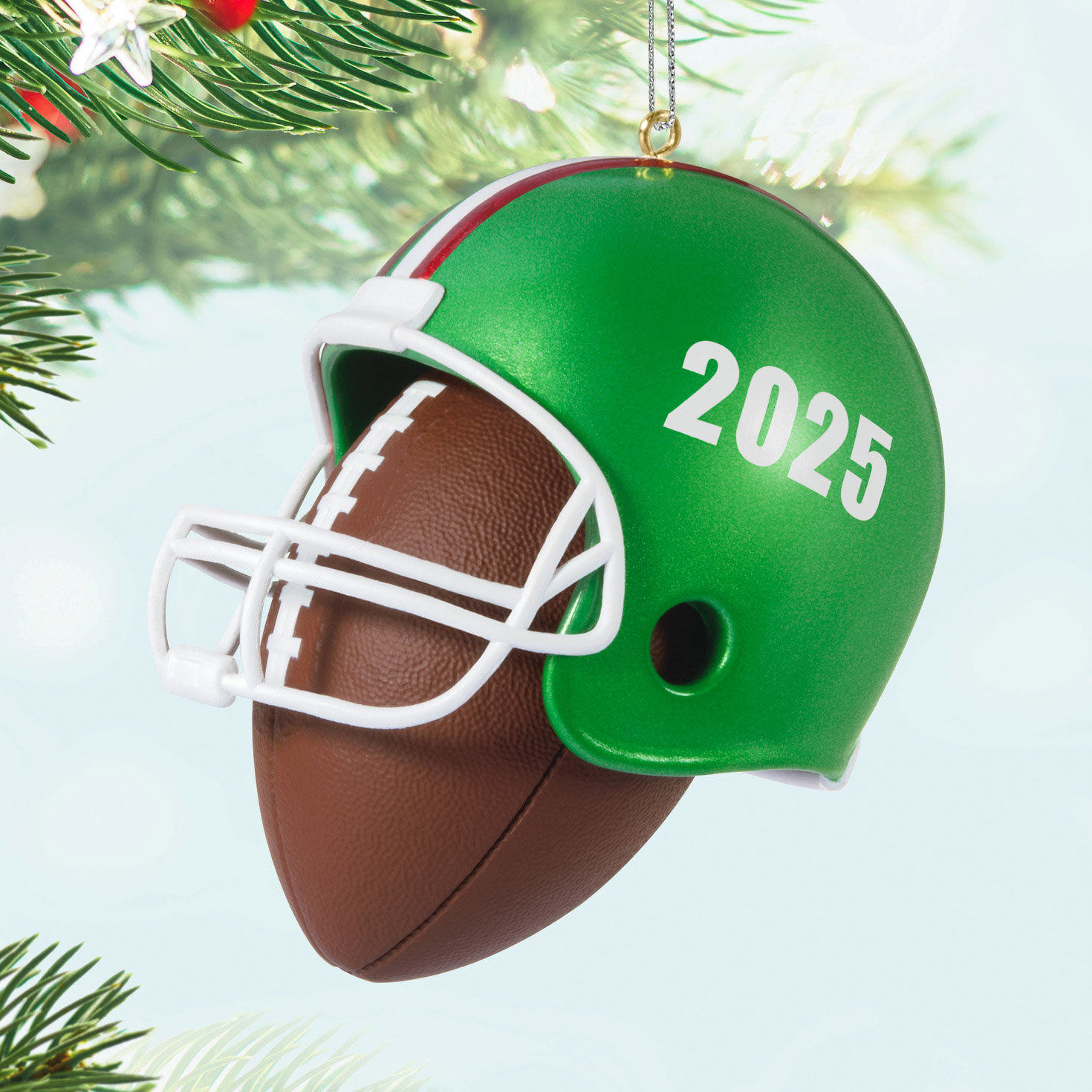 Football Helmet and Ball 2025 Keepsake Ornament Hanging on tree image number 2