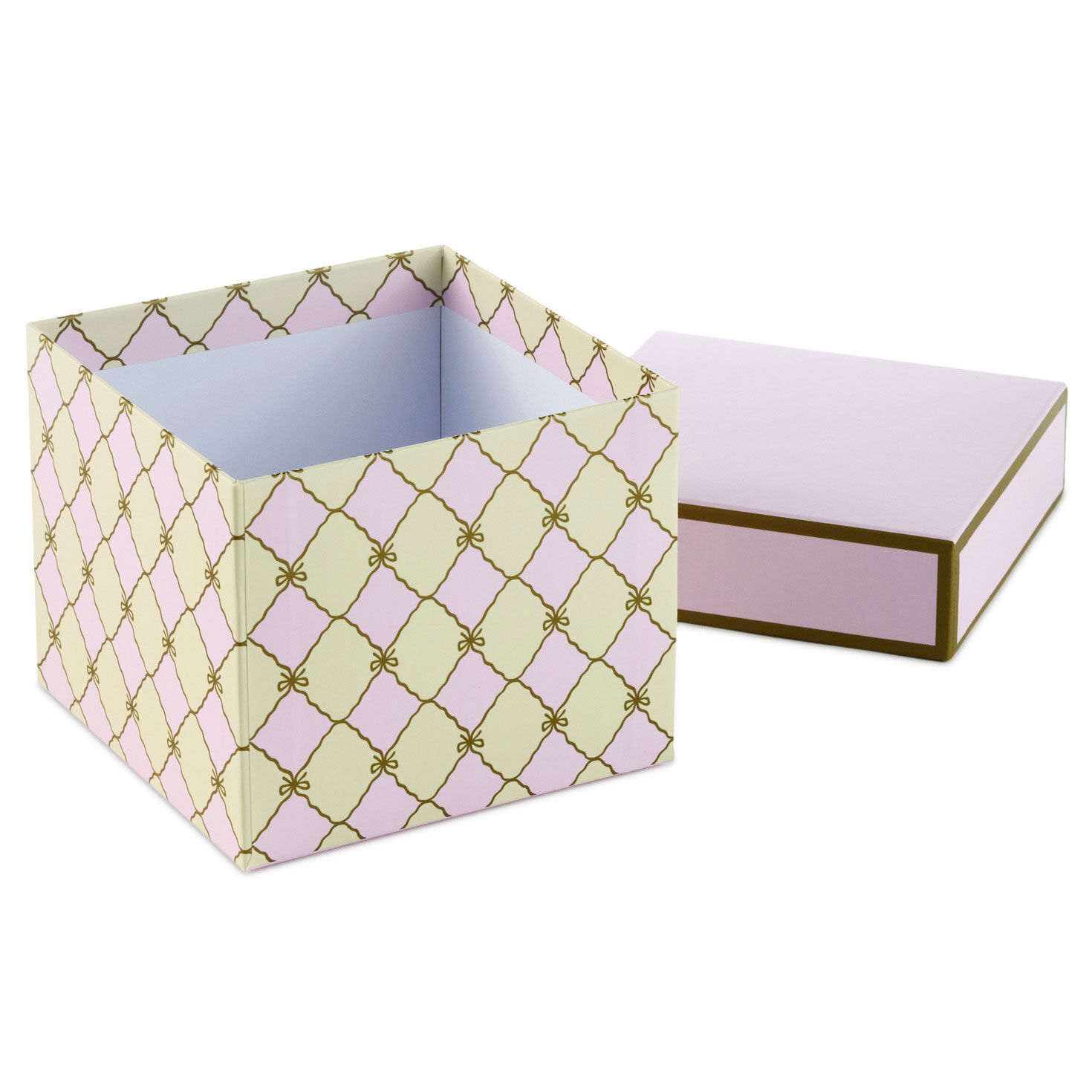 Pink, Cream With Gold Bows Medium Square Gift Box front lid off image number 4
