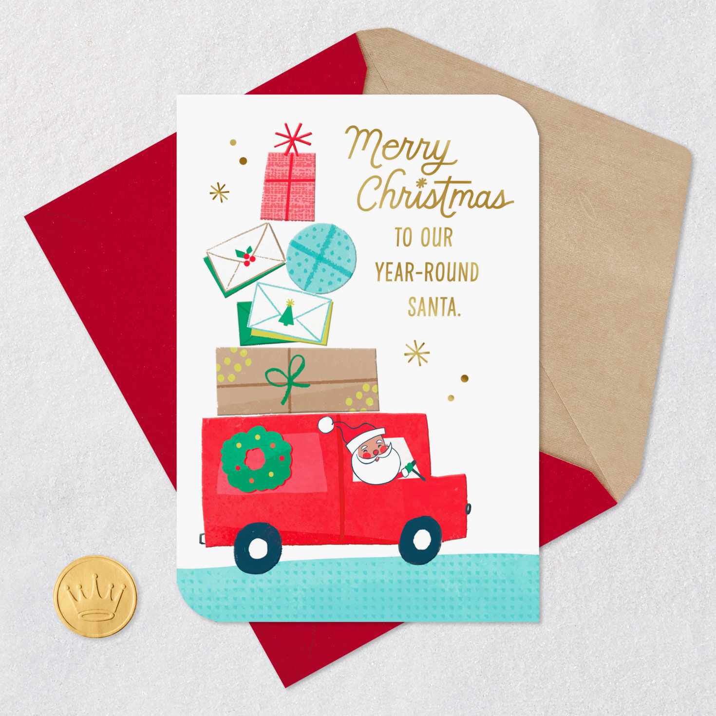 Santa Driving Delivery Truck Christmas Card for Mail Carrier Card Front with Envelope and Gold Seal image number 5
