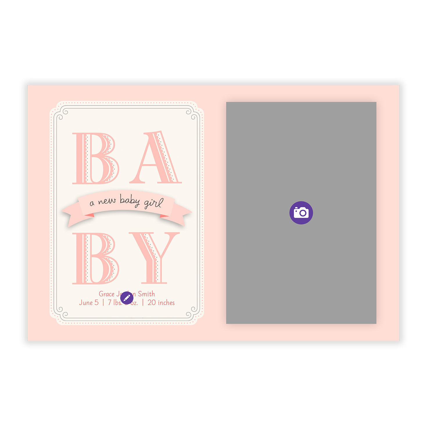 Pink Block Letters Personalized Baby Announcement Card Front indicating personalization image number 5