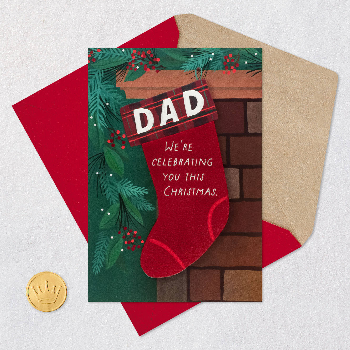 Red Stocking Christmas Card for Dad Card Front with Envelope and Gold Seal image number 6