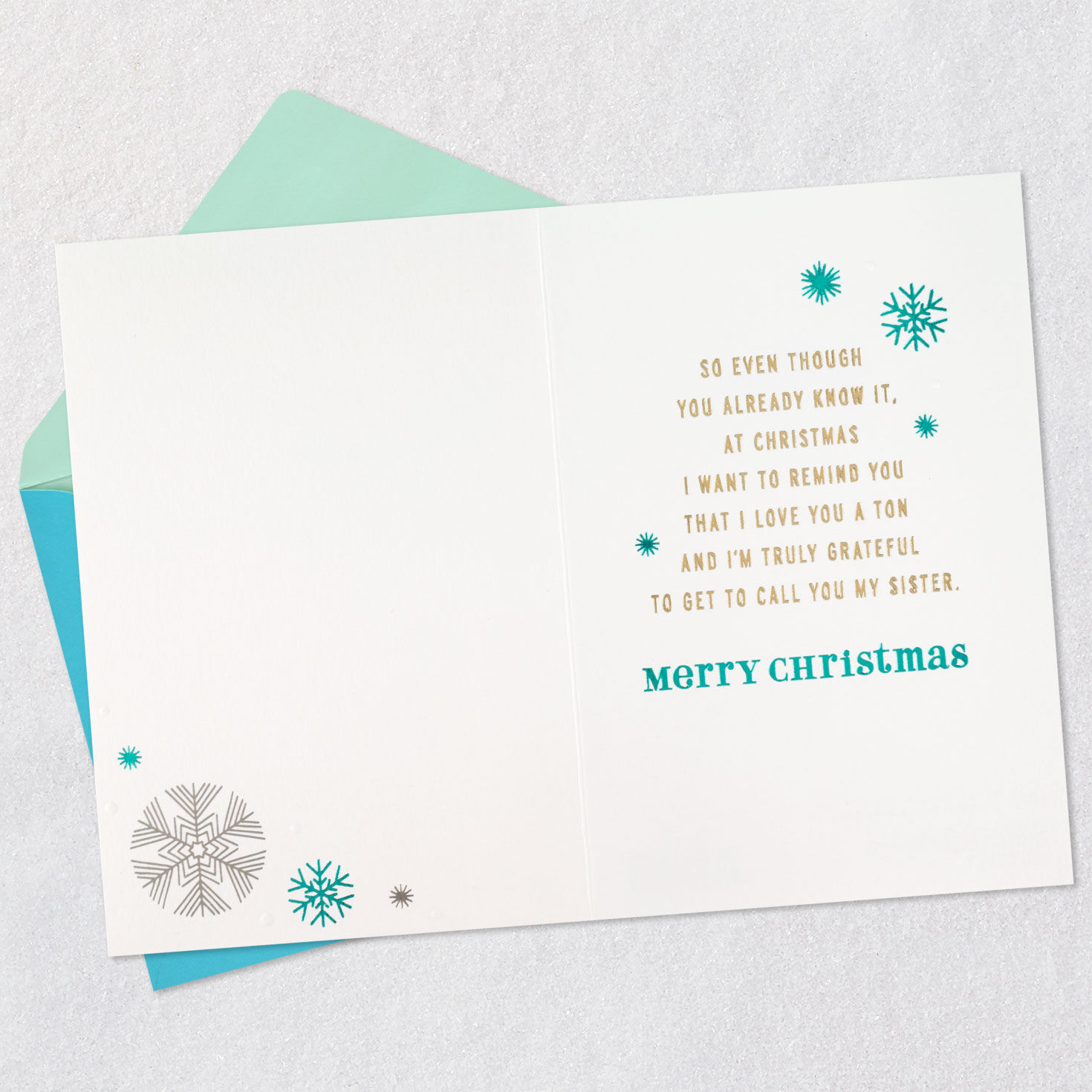Shimmery Snowflakes Sister Christmas Card Open card with envelope image number 3