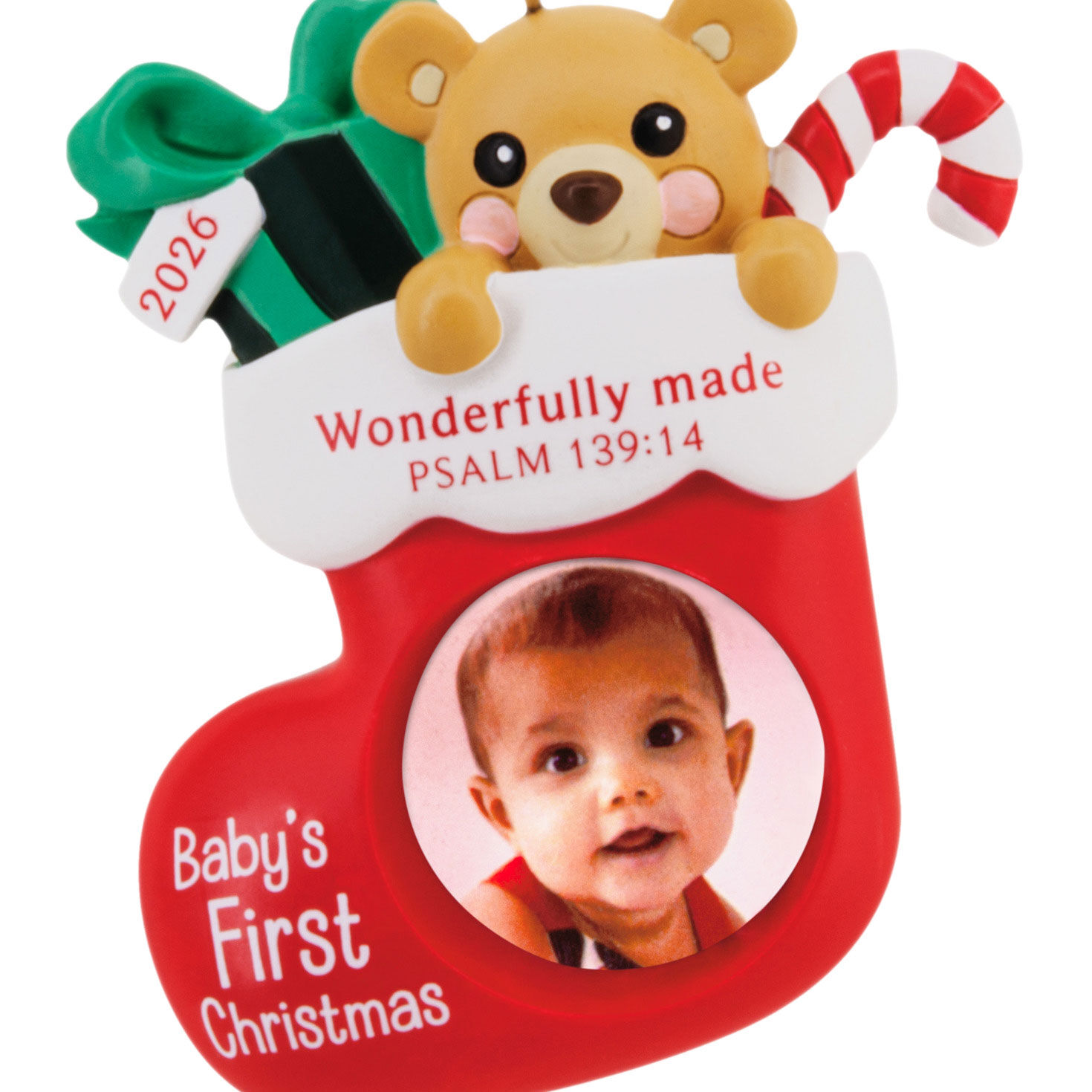 Red Stocking Baby's 1st Frame Christmas Ornament closeup view image number 5