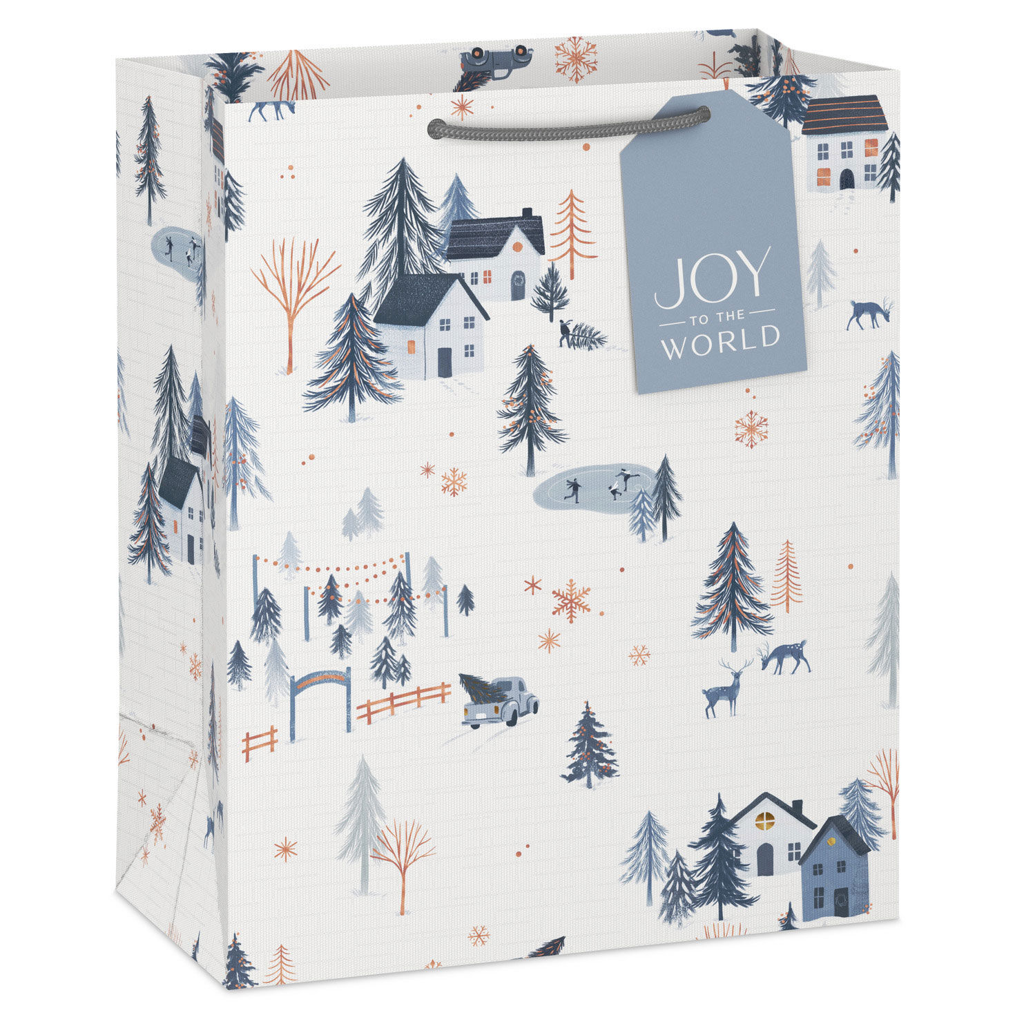 13" Snowy Blue Village on White Large Christmas Gift Bag With Gift Tag