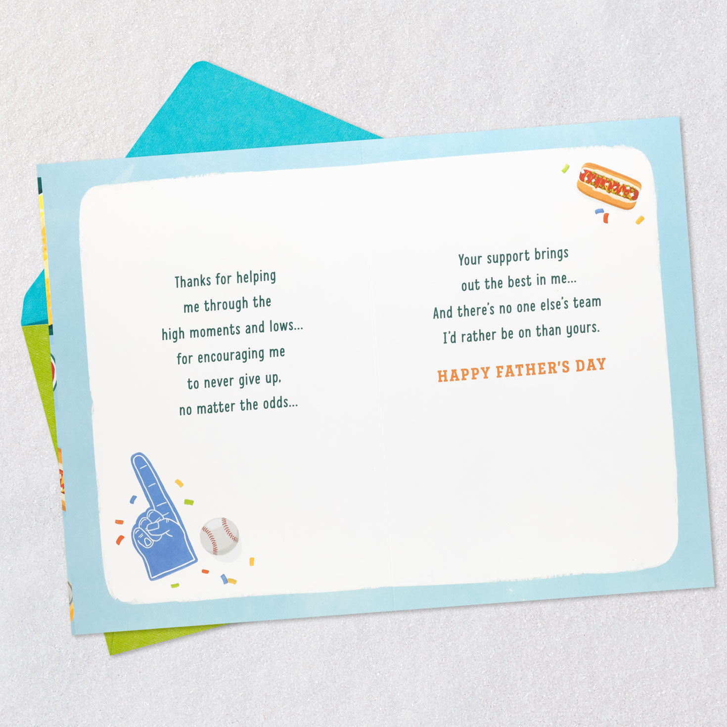 Sports Banners, Balls and Food Dad Father's Day Card Open card with envelope image number 4