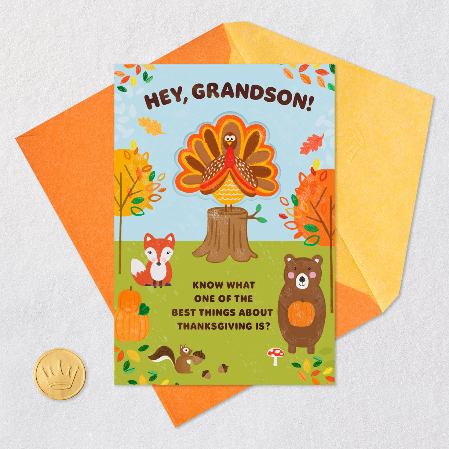 Cute Turkey and Fox Thanksgiving Card for Grandson Card Front with Envelope and Gold Seal image number 5