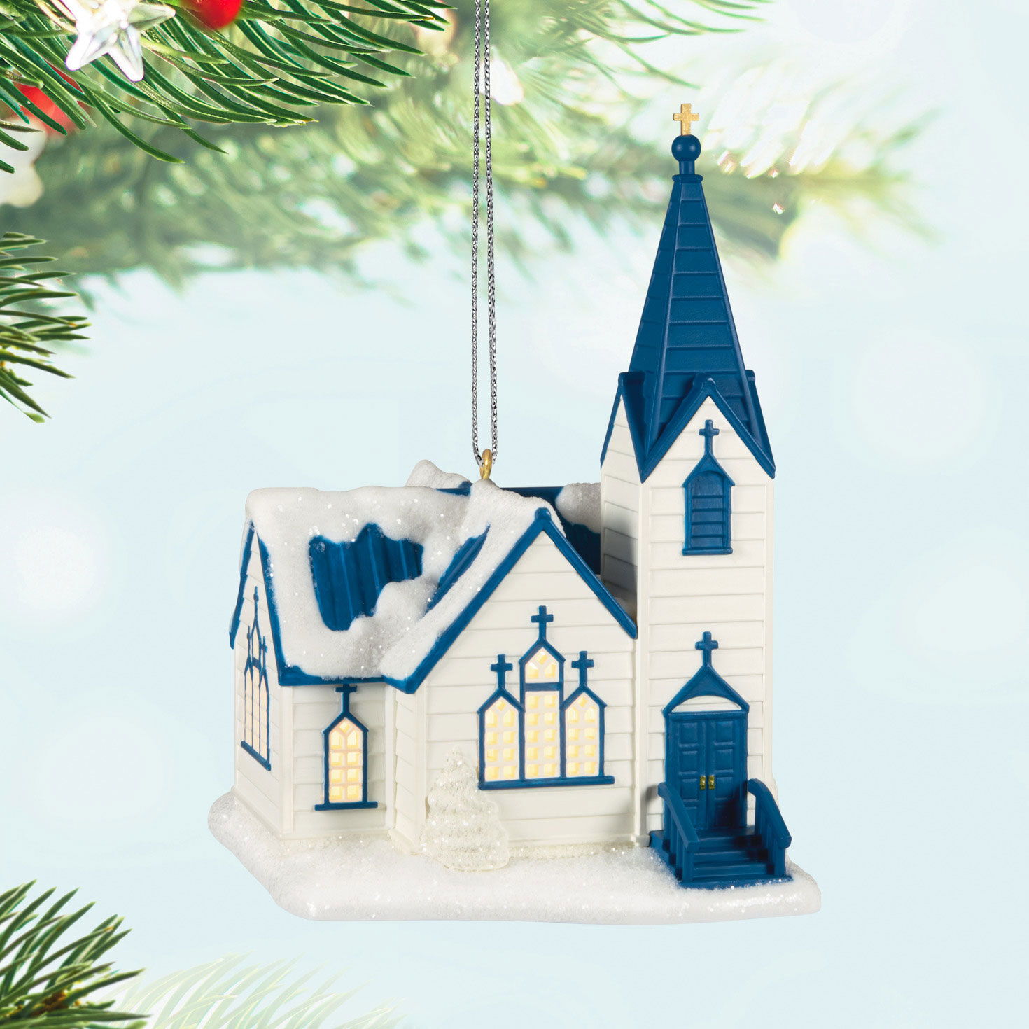 Church With Blue Roof Keepsake Ornament Hanging on tree image number 2