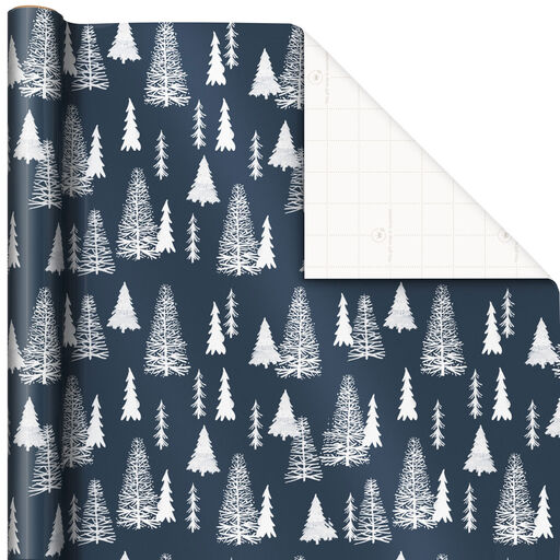 White Trees on Dark Blue Holiday Wrapping Paper, 40 sq. ft., 