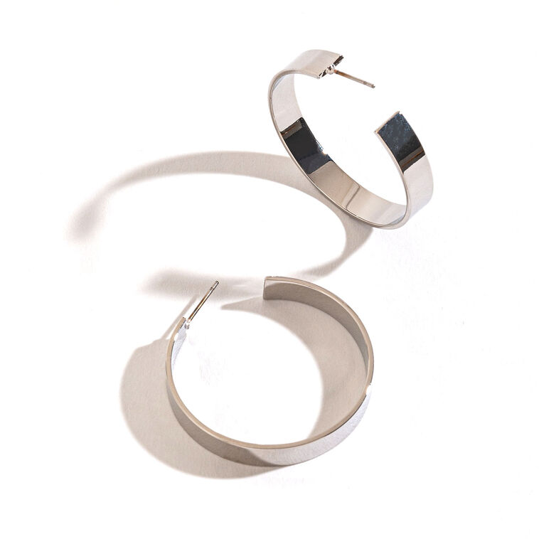 Large Flat Silver Hoop Earrings  image number 1