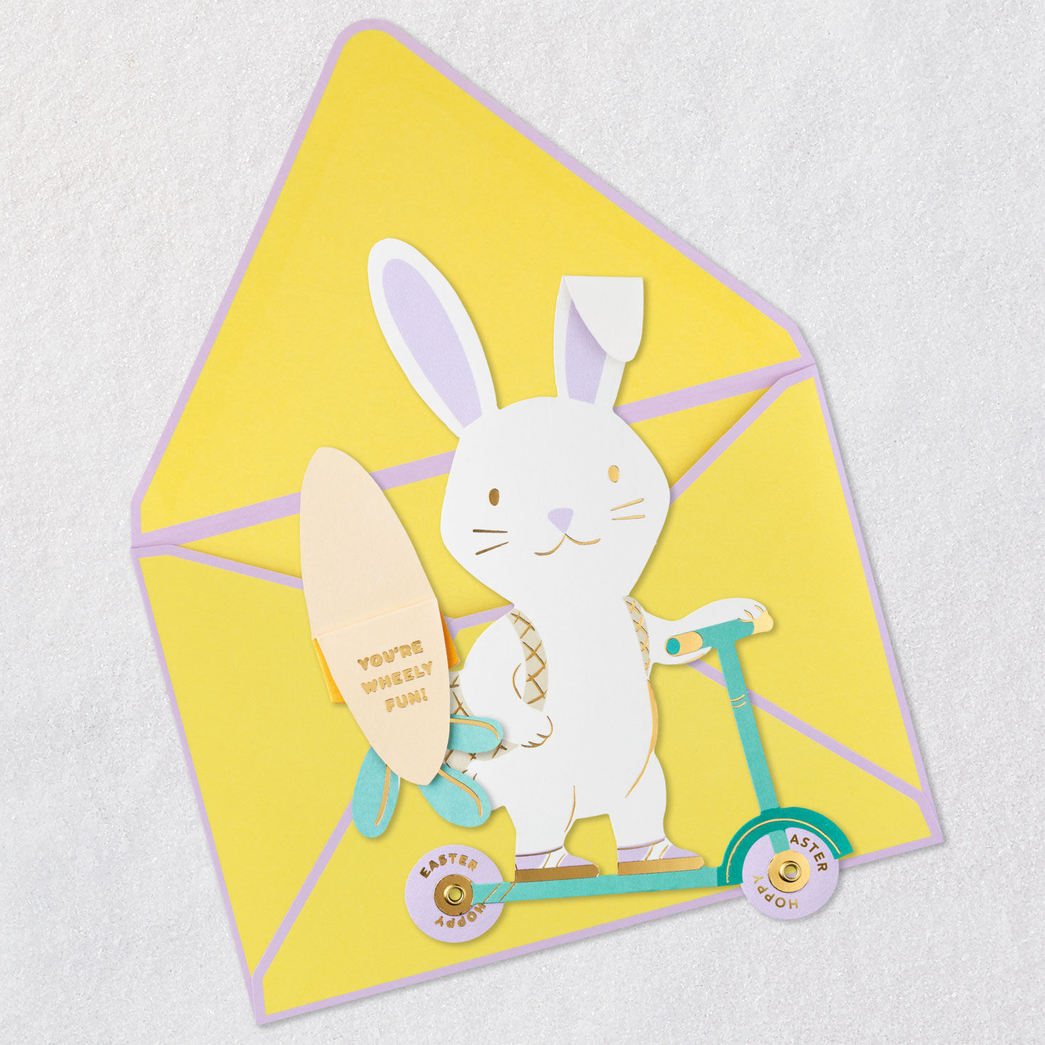 Bunny on Scooter Fun Easter Card Open card with envelope image number 3