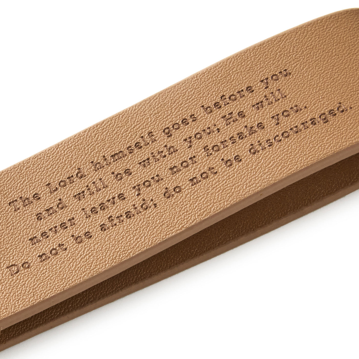 Do Not Be Afraid Tan Faux Leather Keychain closeup view image number 3