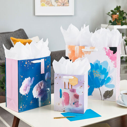13" Pink Peonies on Blue Large Gift Bag, 