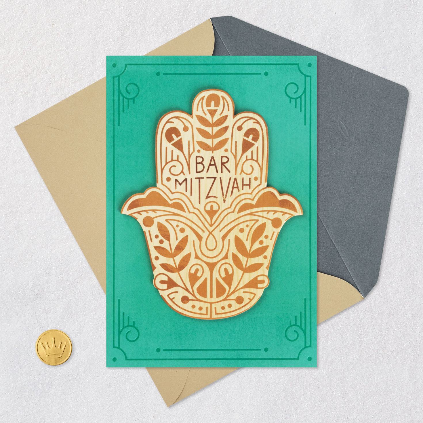 Wooden Hamsa Bar Mitzvah Card for Boys Card Front with Envelope and Gold Seal image number 5
