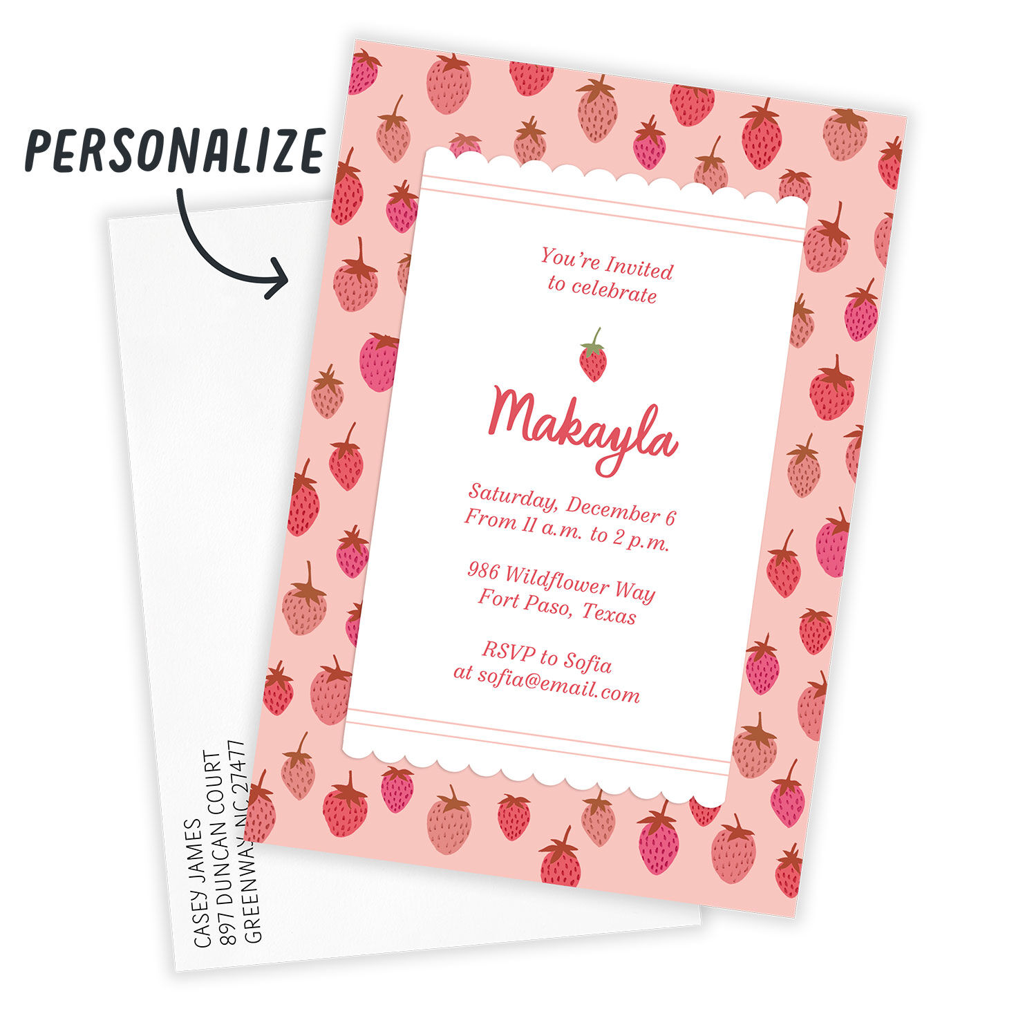Pink Strawberry Frame Personalized Party Invite Card Front indicating personalization image number 2