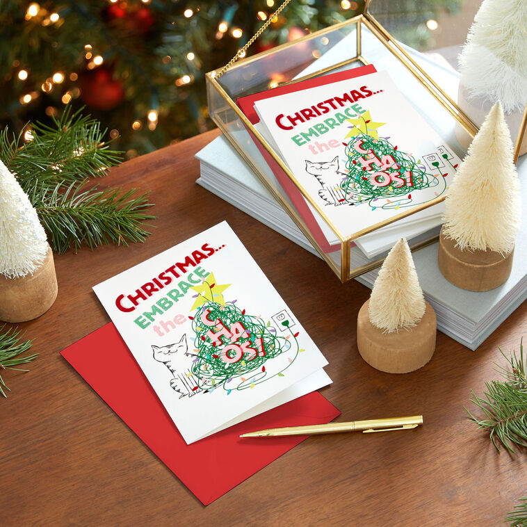 Cat and Tangled String Lights Christmas Cards Pack in use image number 8