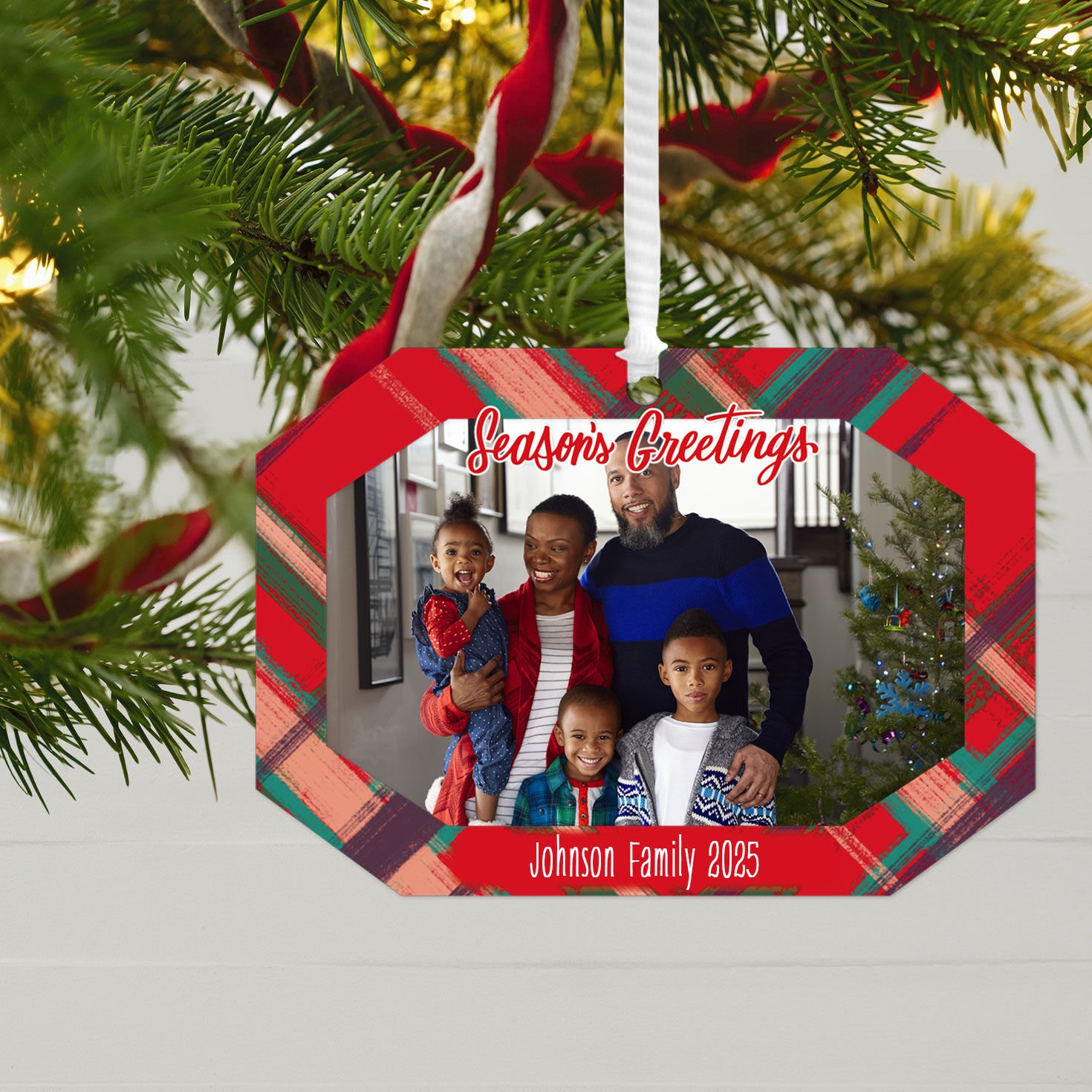 Red Plaid Personalized Christmas Ornament hanging on tree image number 2
