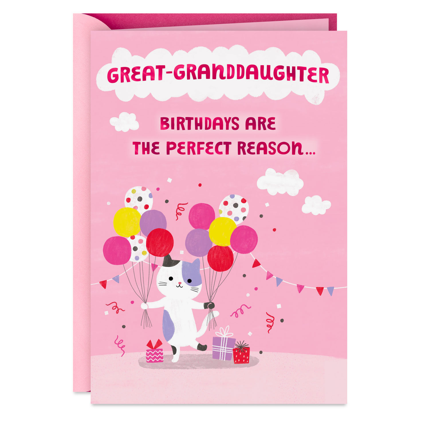 Get Carried Away Kitty and Balloons Birthday Card for Great-Granddaughter