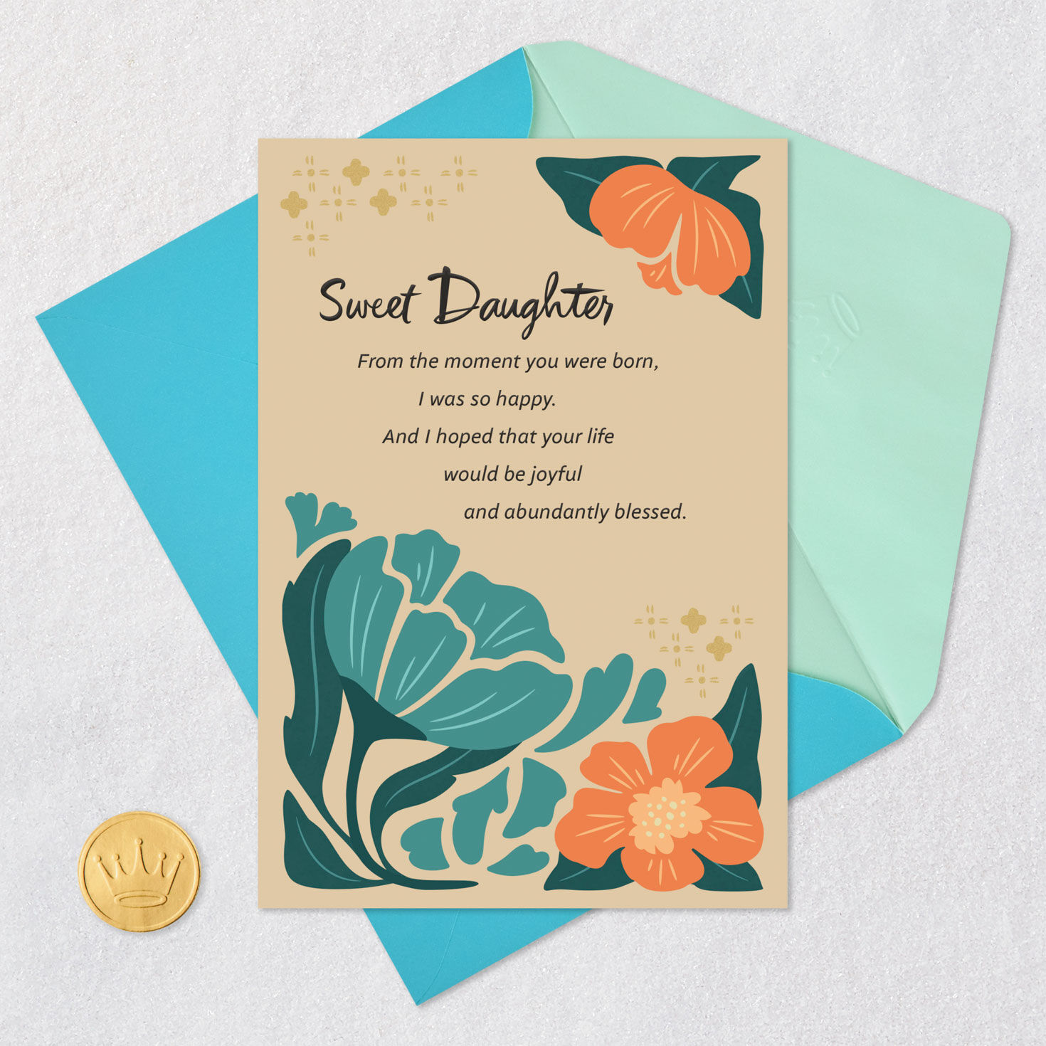 Orange and Blue Abstract Flowers Daughter Birthday Card Card Front with Envelope and Gold Seal image number 6
