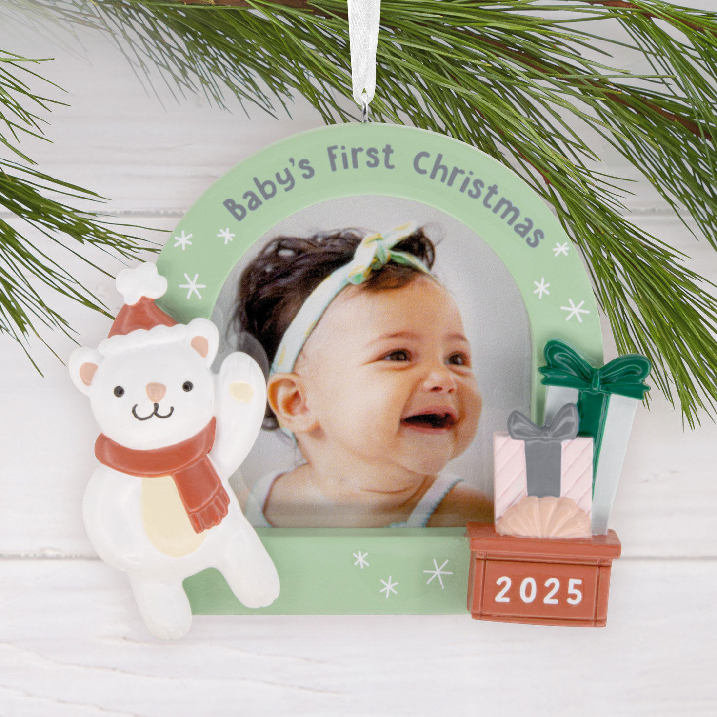 Baby's 1st 2025 Photo Frame Christmas Ornament Hanging on tree image number 2