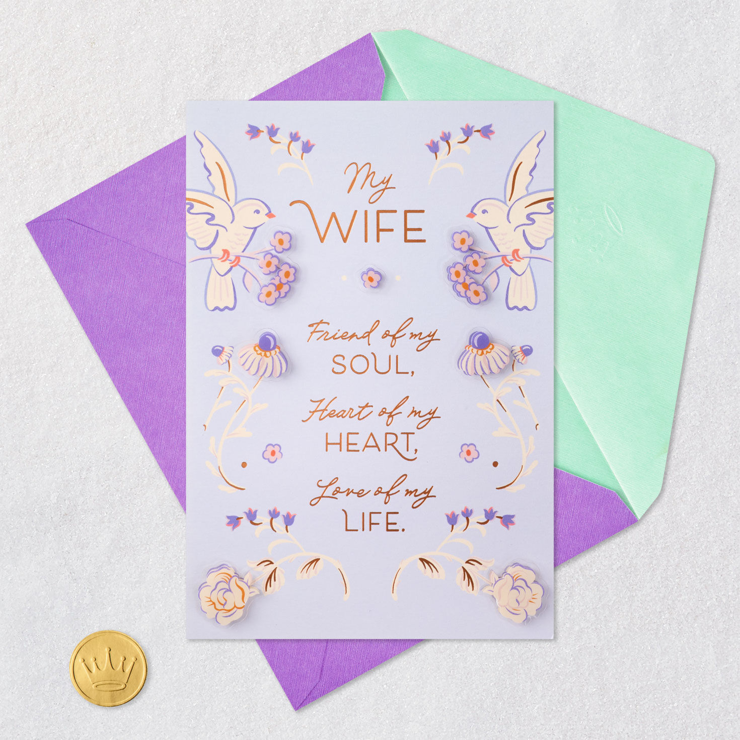 Birds and Blossoms Romantic Birthday Card for Wife Card Front with Envelope and Gold Seal image number 5