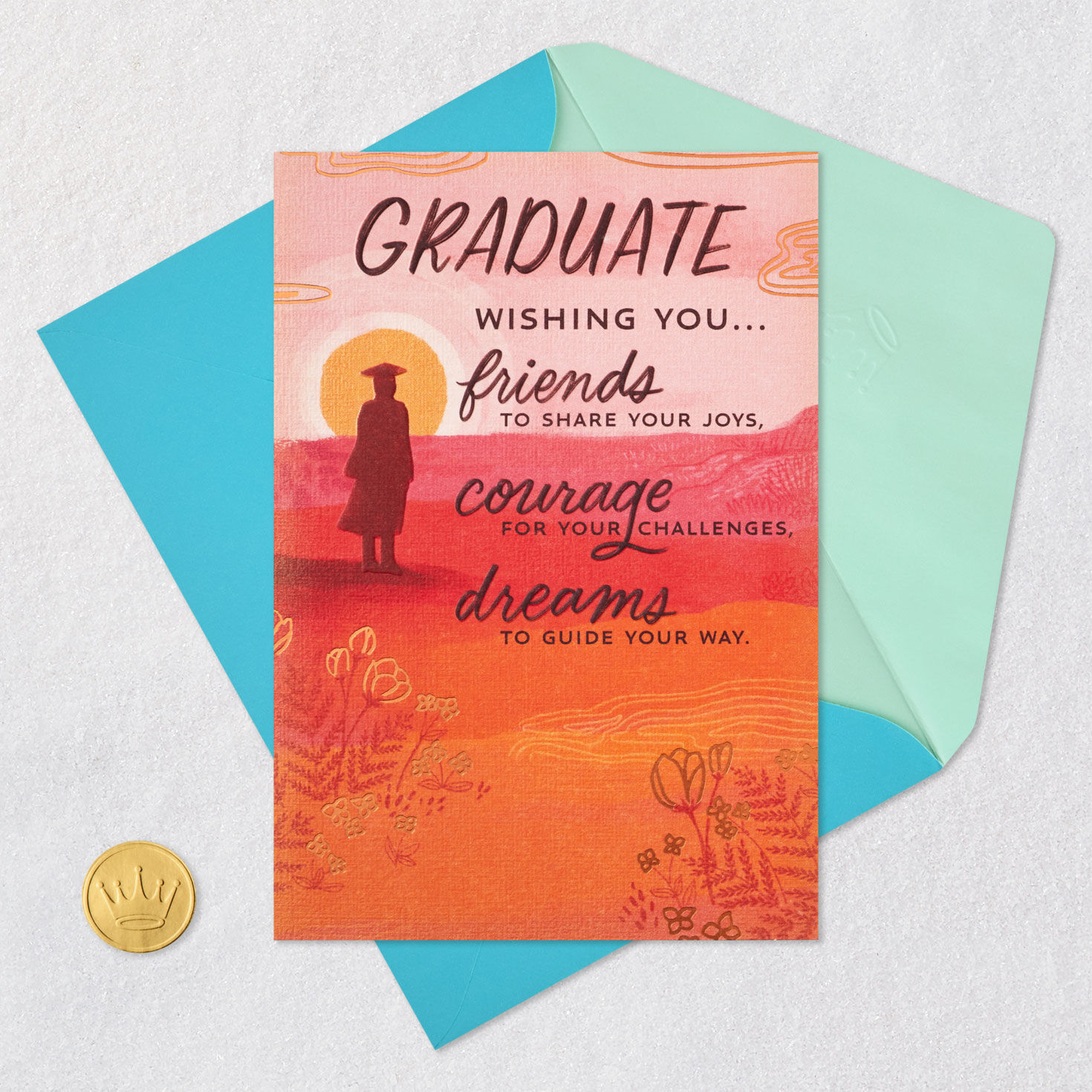Pink and Orange Ombre Landscape Graduation Card Card Front with Envelope and Gold Seal image number 5