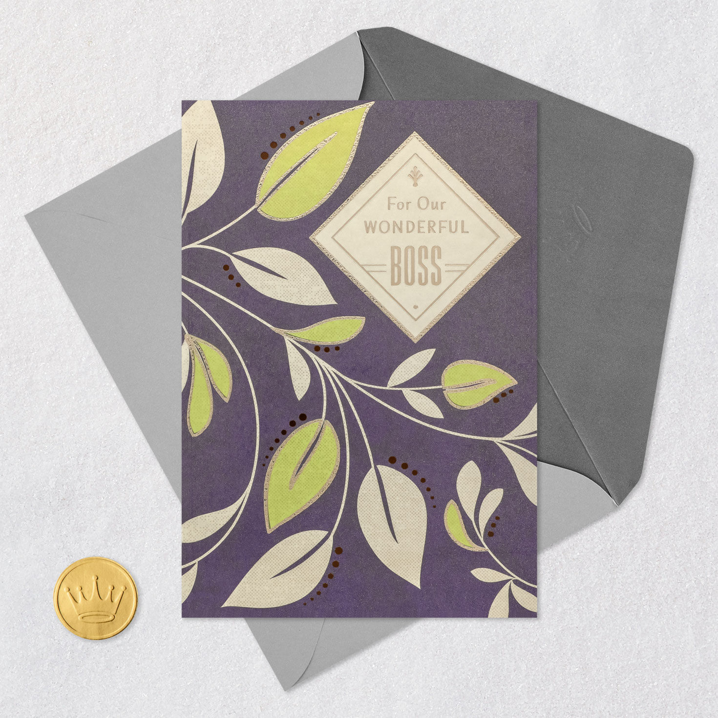 Leaves on Blue Boss's Day Card From All Card Front with Envelope and Gold Seal image number 5