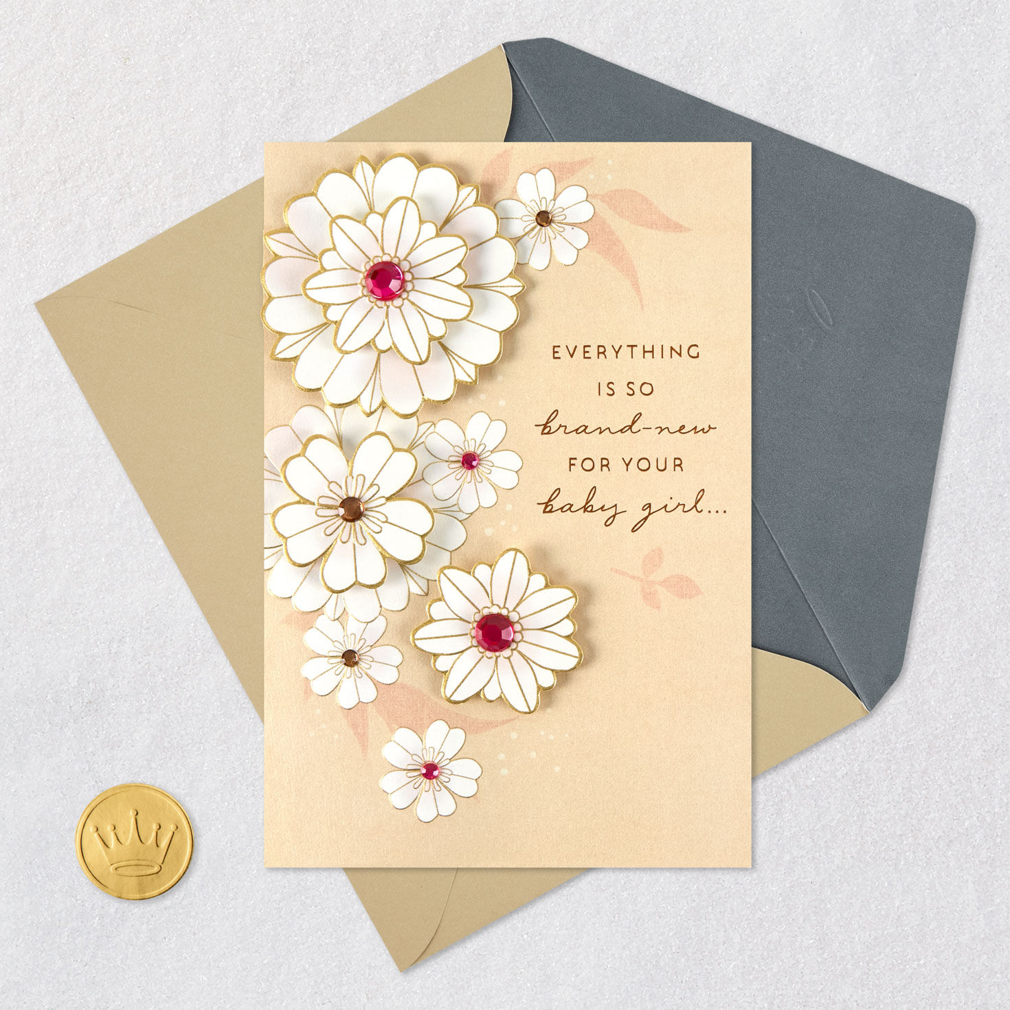 Pink and White Flowers New Baby Girl Card Card Front with Envelope and Gold Seal image number 6