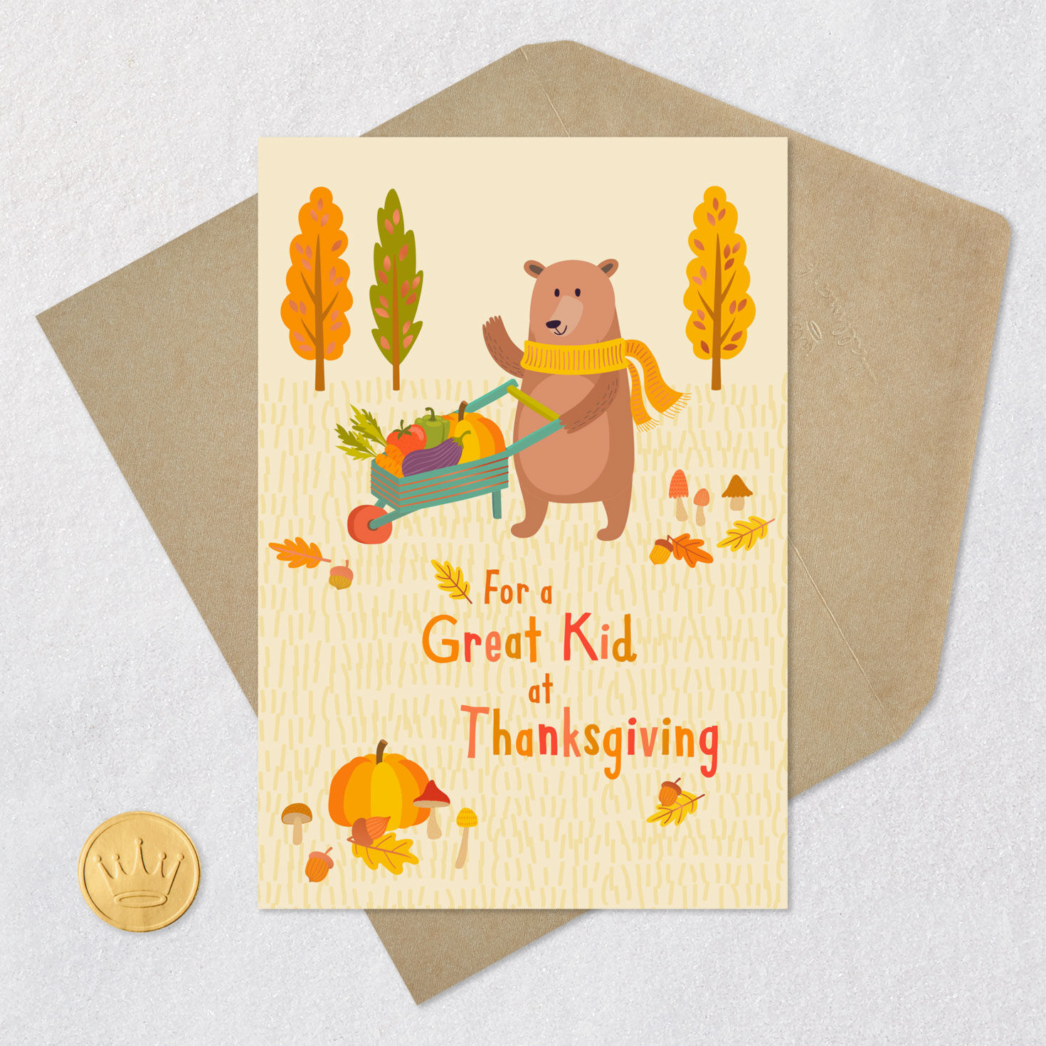 Bear With Wheelbarrow Kids Thanksgiving Card Card Front with Envelope and Gold Seal image number 5