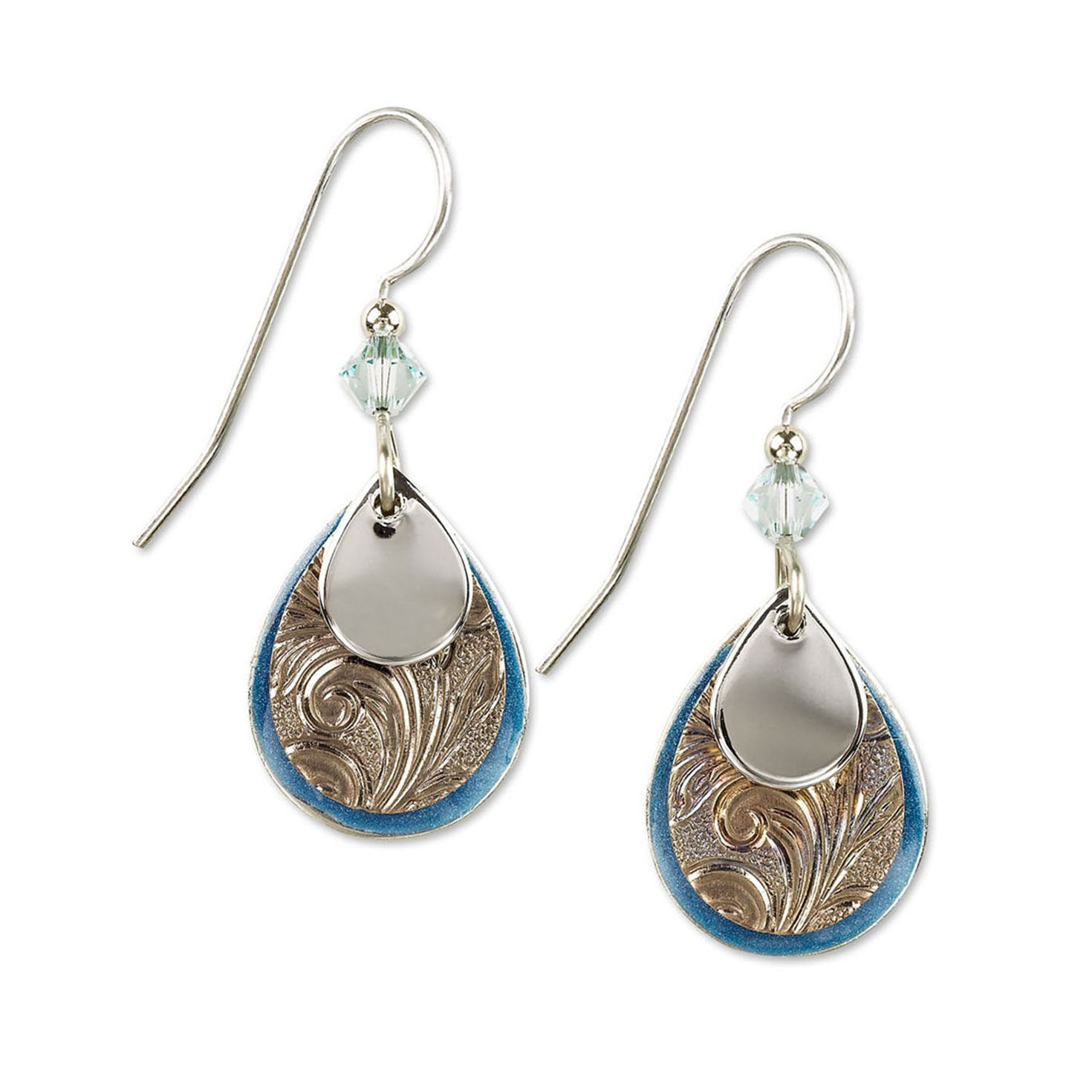 Silver Forest Blue and Silver Metal Layered Teardrop Earrings