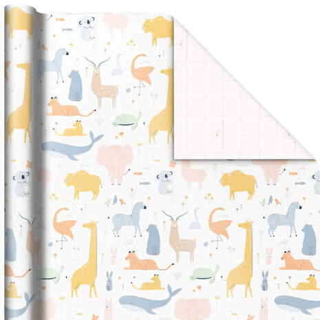 Pastel Animals on White Wrapping Paper, 20 sq. ft., , large