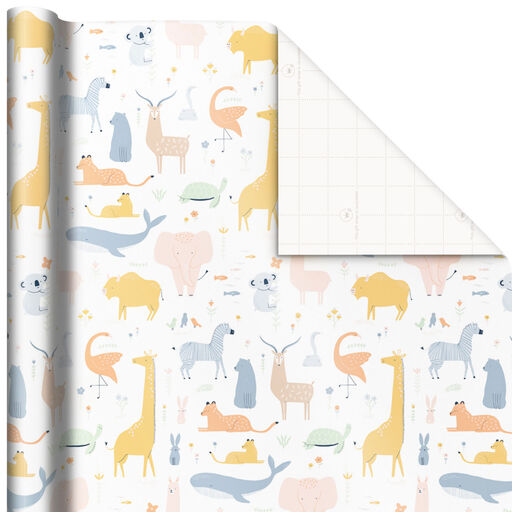 Pastel Animals on White Wrapping Paper, 20 sq. ft., 