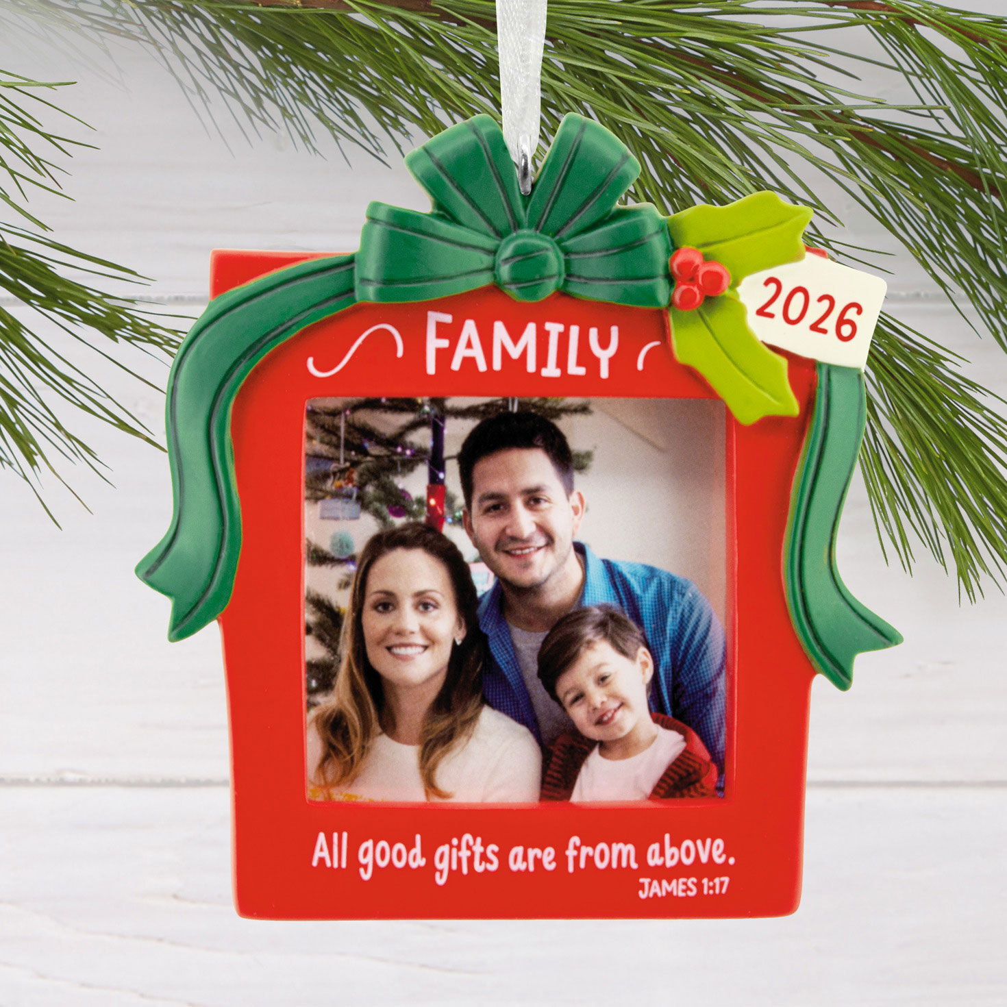 Red Gift Religious Photo Frame Christmas Ornament hanging on tree image number 2