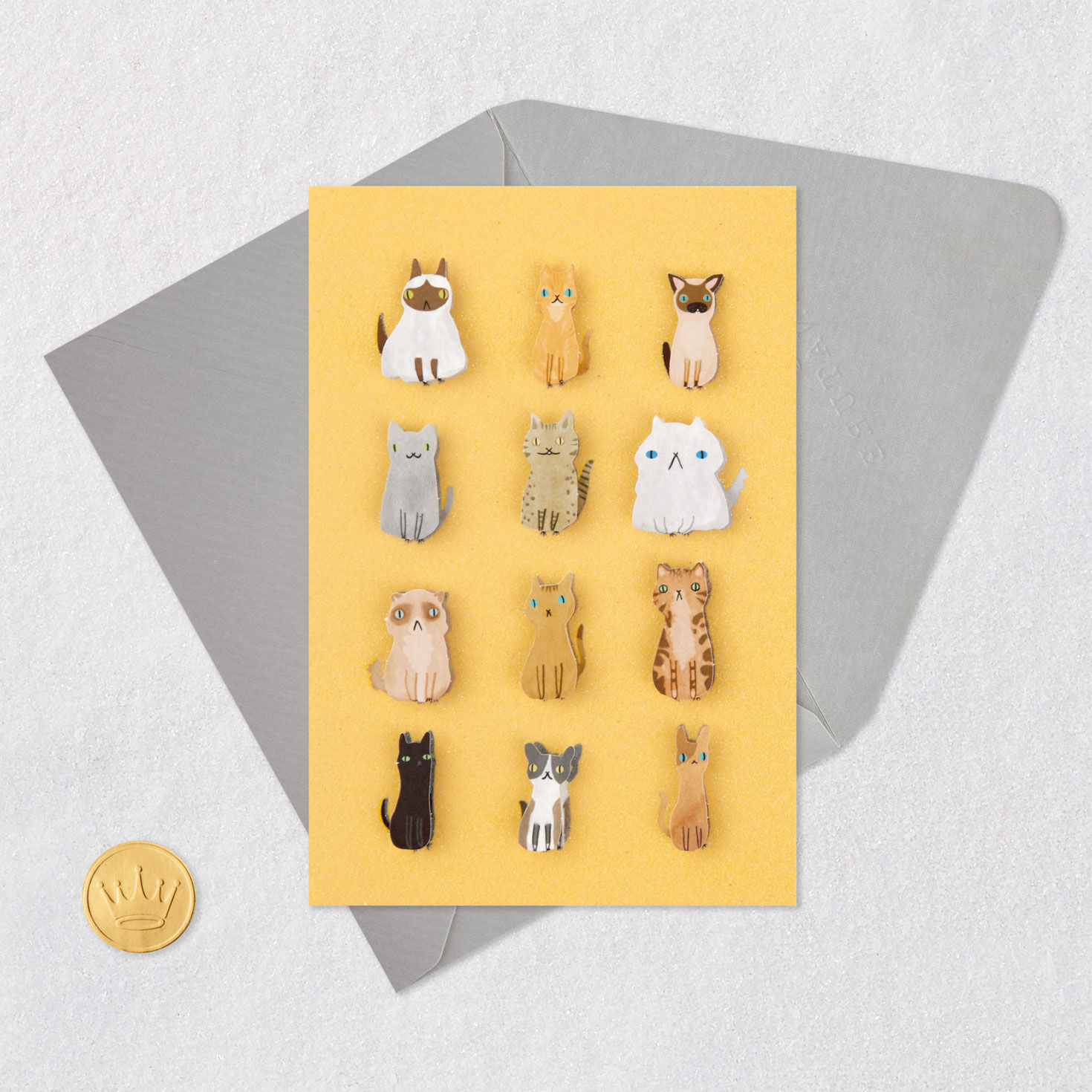 Siamese, Tabby and Ragdoll Cats on Yellow Blank Card Card Front with Envelope and Gold Seal image number 4