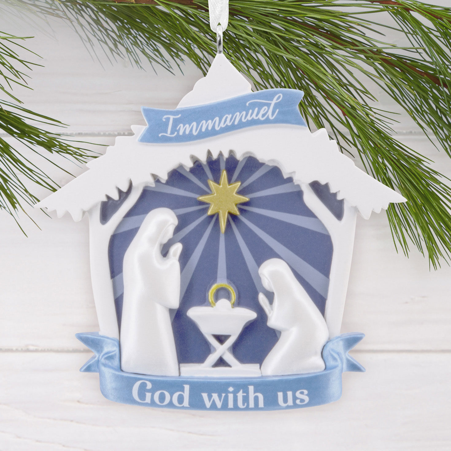 Blue White Nativity Christmas Ornament hanging on tree image number 2