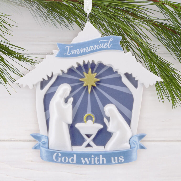 Blue White Nativity Christmas Ornament hanging on tree image number 2