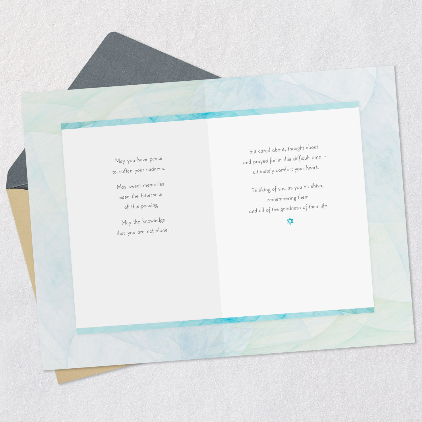 Watercolor Star of David Shalom Sympathy Card Open card with envelope image number 4