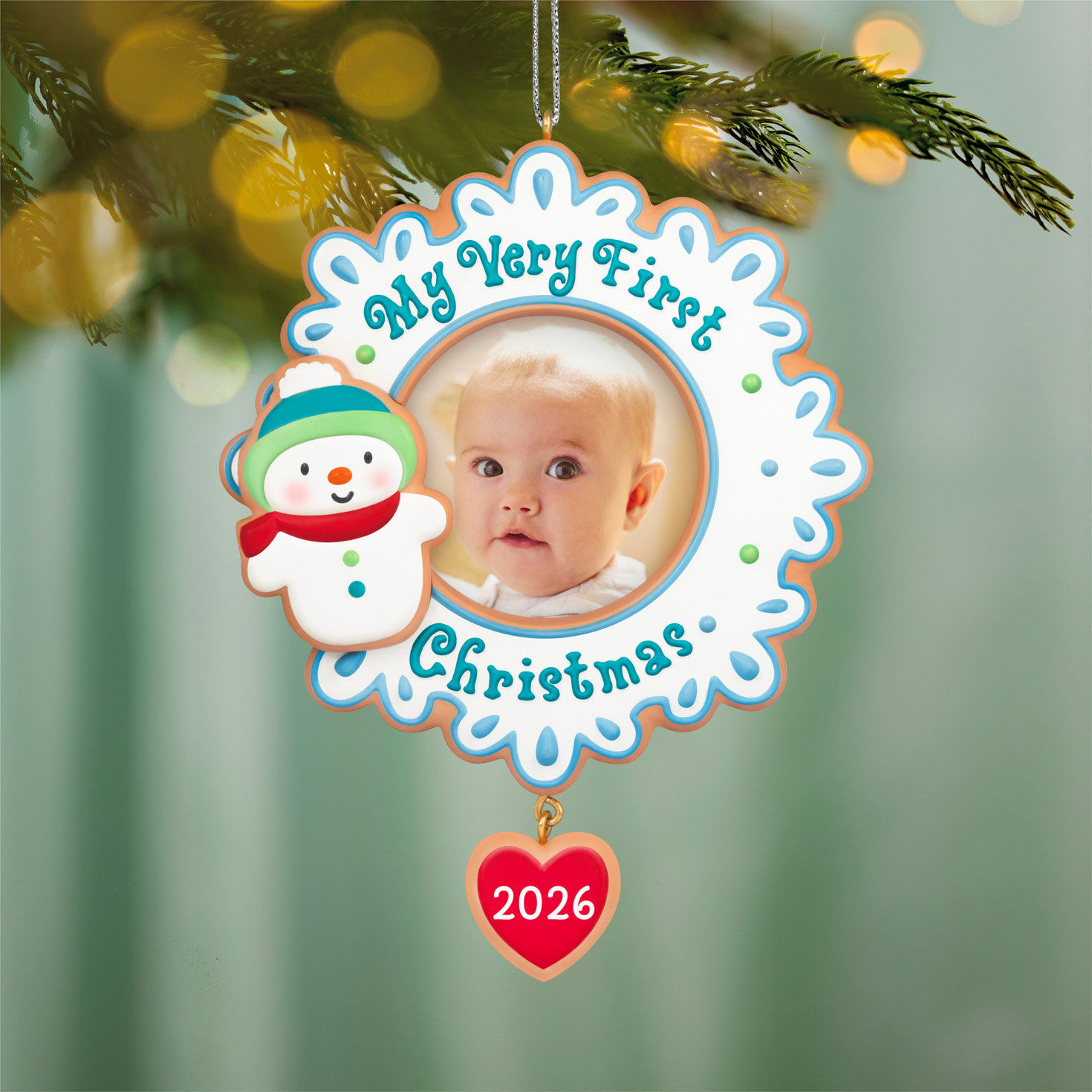 Snowflake Snowman Cookie Personalized Photo Ornament hanging on tree image number 2