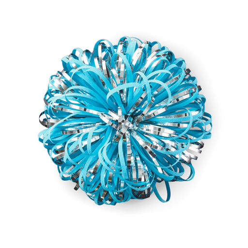 Turquoise and Silver Metallic Pom Pom Gift Bow, 5", 